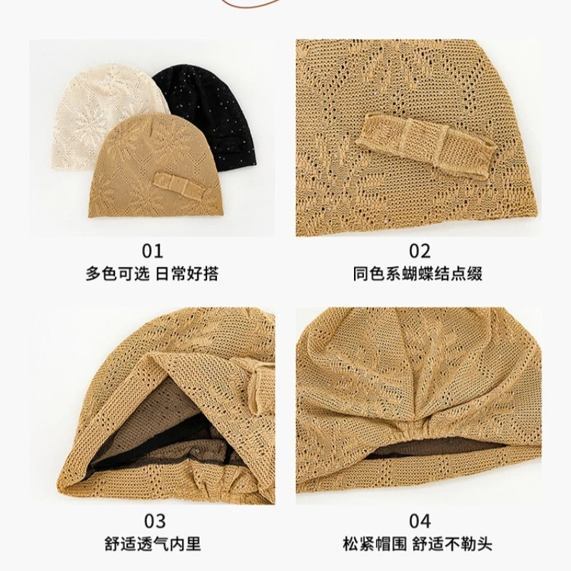 Koreanischer Stil Schleifen-Pailletten-Pullover-Mütze für Damen, Sommer und Herbst, dünn, atmungsaktiv, locker, für große Köpfe, Skull-Beanie-Kappen – Detail 6