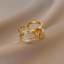 New Korean Fashion Light Luxury High Quality Double Geometric Letter Open Ring Gift Banquet Woman Jewelry Ring 2022