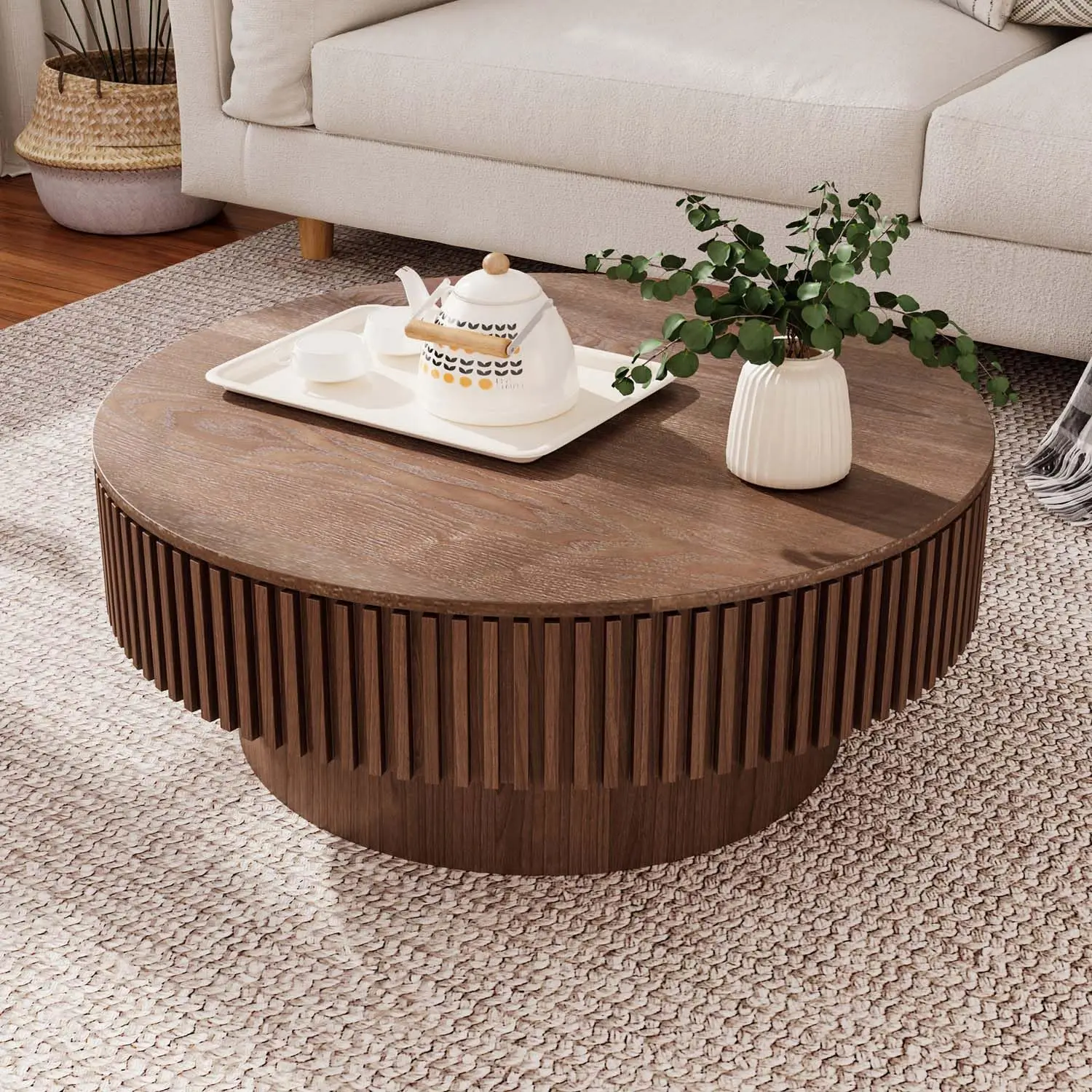 

Round Coffee Table with Storage, Modern Wooden Coffee Table with Solid Wood Veneered,
