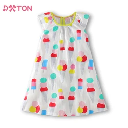 DXTON Girls Summer Dress Kids Flare Sleeve Ice Cream Print Cartoon Dresses Kids Casual Cotton Vestidos Kids Costumes Clothes