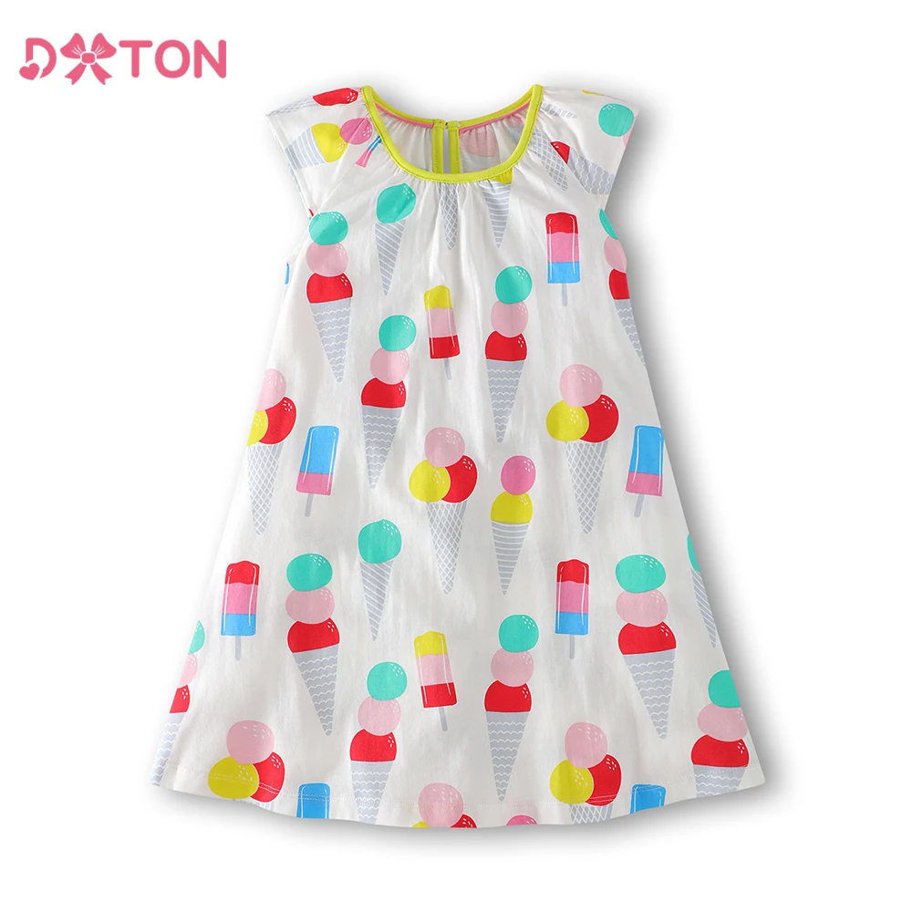 DXTON Girls Summer Dress Kids Flare Sleeve Ice Cream Print Cartoon Dresses Kids Casual Cotton Vestidos Kids Costumes Clothes