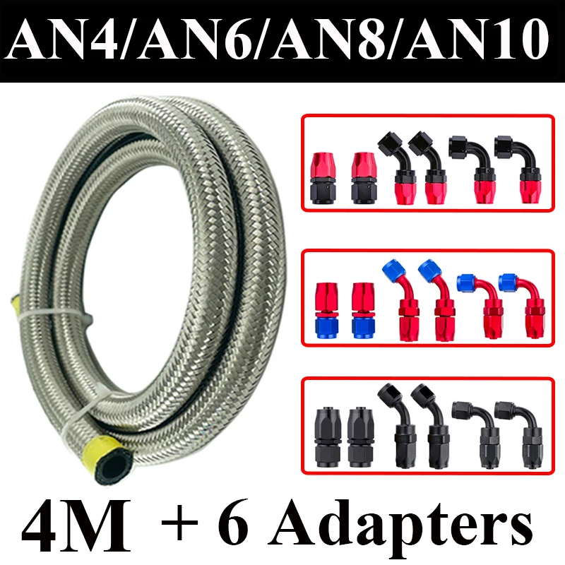 

4M AN4 AN6 AN8 AN10 Fuel Hose Oil Gas Cooler Hose Line Pipe Tube Stainless Steel CPE Rubber + 0 45 90 Degree Hose End Fittings