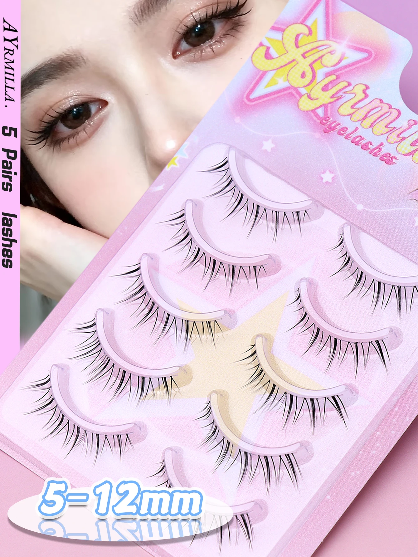 Ayrmilla 5 pairs of natural transparent extended false eyelashes, slim and elongated, soft and lightweight, suitable for beginners, easy to wear, suitable for daily dating makeup tools