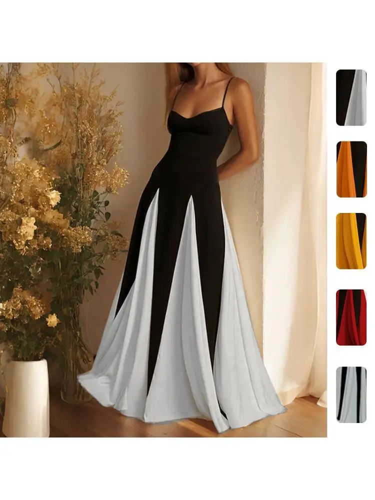 Robe longue plissée élégante sans manches à col en V contrastant pour femme – Robe de soirée maxi sans dos pour femme