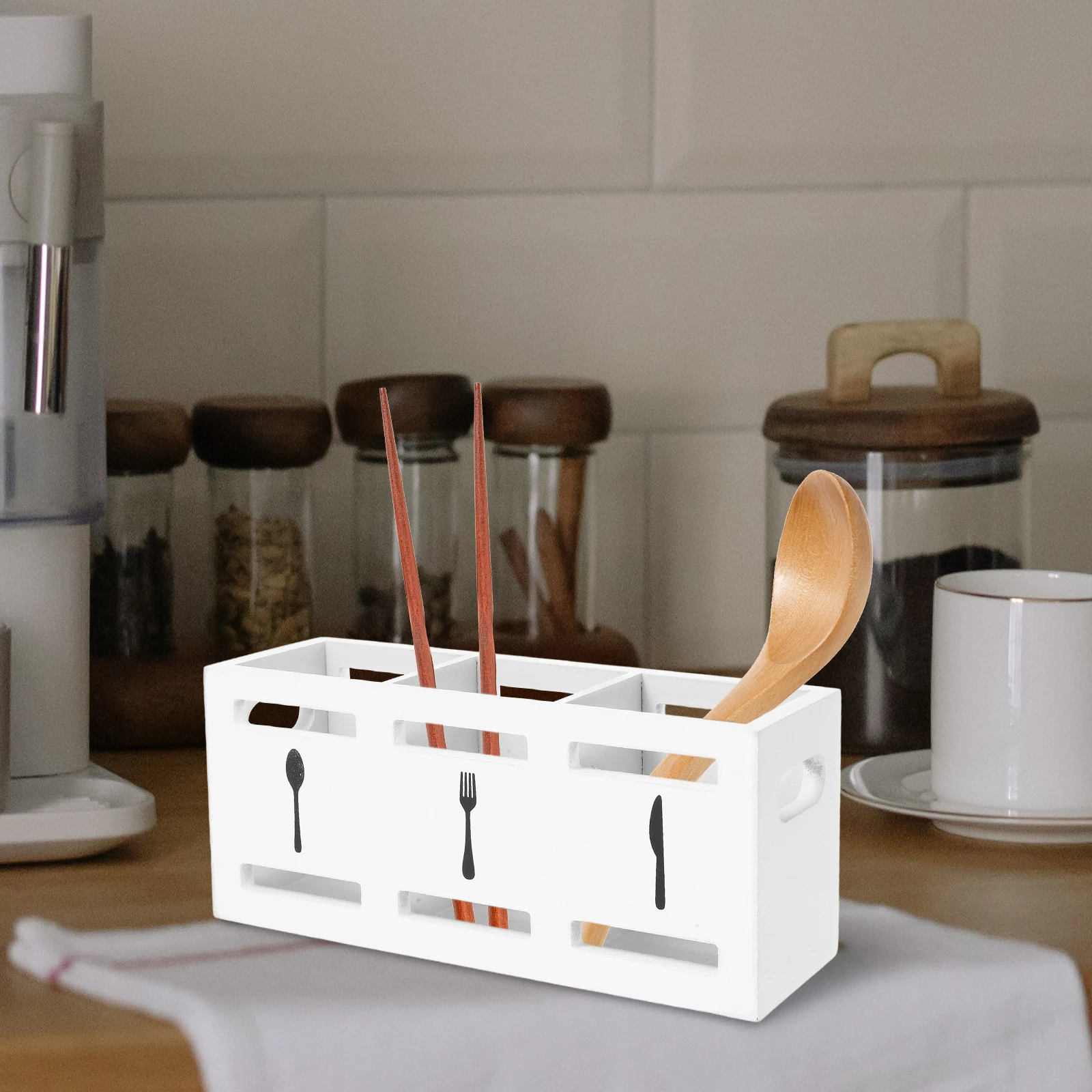 

Rectangular Wooden Cutlery Organizer Kitchen Utensil Holder Countertop 3-Compartment Flatware Storage Box Fork Spoon Knife