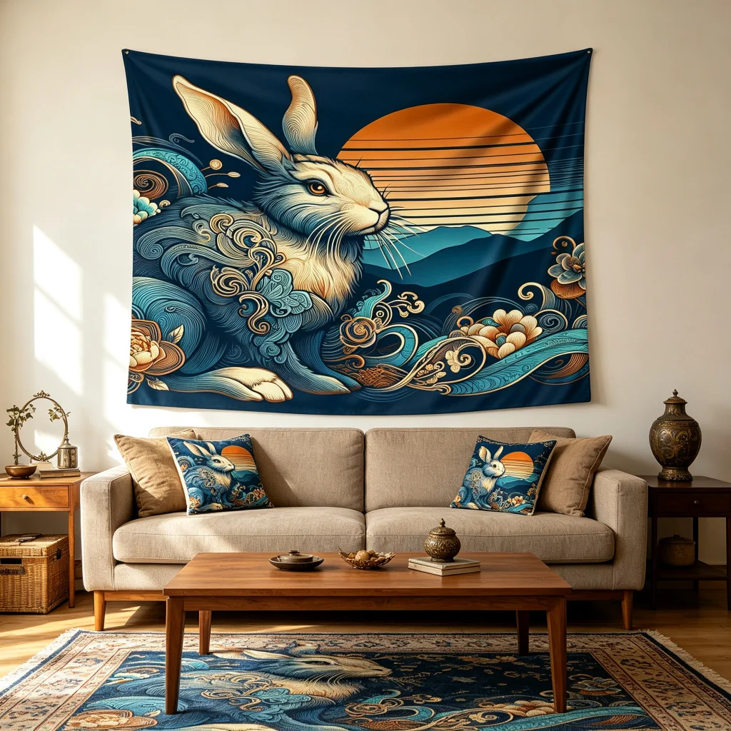 1PC Vintage Rabbit Flower Sun Print Backdrop Banner, Bedroom Living Room Photo Background, Polyester, Home Decor, Wall Art