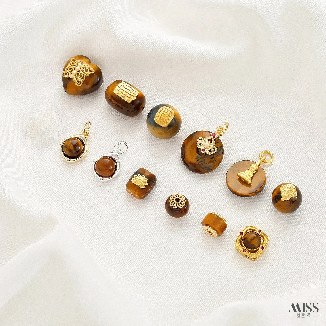 Tiger Eye Stone Pearl Butterfly Lotus Five-Sutra Yellow God of Wealth Spacer Beads Pendant DIY Jewelry Accessories