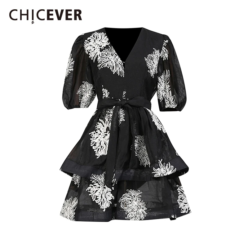 

CHICEVER Solid Spliced Embroidery Dress Female V Neck Short Sleeve Temperament Elegant Women's Dresses Summer Style Fashion New