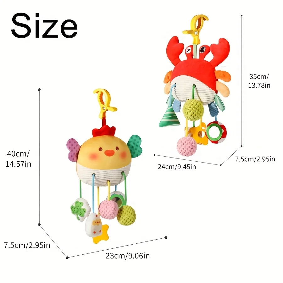 Speelgoed voor auto- en kinderwagenstoelen ontworpen voor baby's, met krab- en kuikenontwerpen met trekkoord, klemmen, kleine bellen, rammelaar