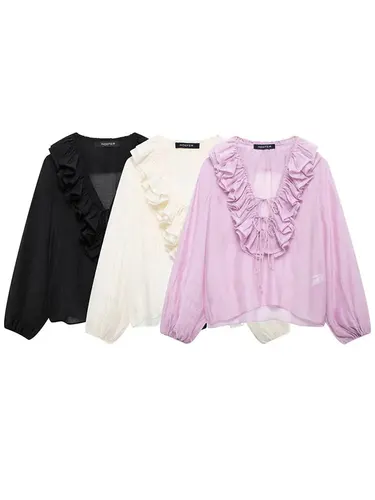 Imagen 2 del producto Blusas elegantes con volantes escalonados para mujer, camisa holgada de manga larga con cuello en V para mujer, Top liso con cordones para mujer salvaje 2025