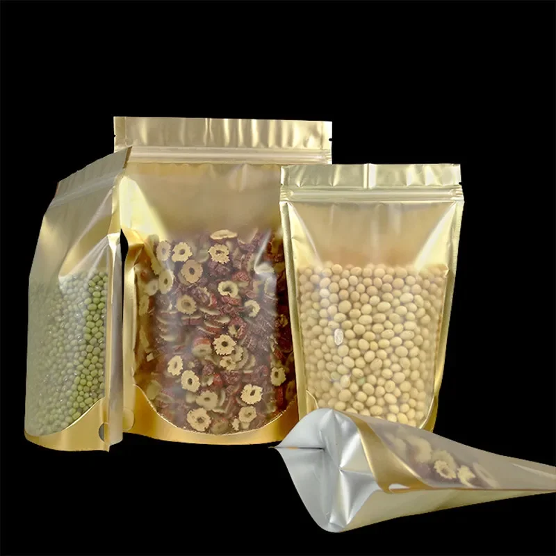 100pcs Gold Clear Stand Up Aluminum Foil Bag Zip Lock Self Seal Food Storage Packaging Bag Coffee Tea Snack Party Pouch Bags