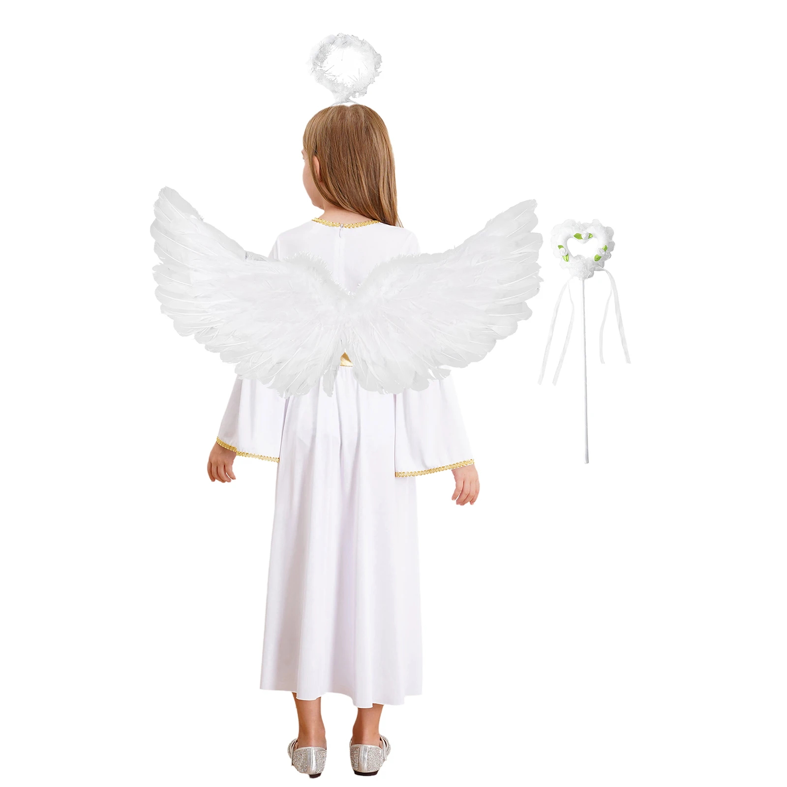 Girls Angel Cosplay Costume Sets Angel Dress with Feather Wings Headband And Fairy Sticks for Halloween Cosplay Performance