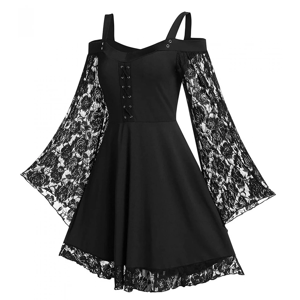 Gothic Vintage Lace Up Women\'s Dress Plus Size Lace Patchwork Flared Sleeve Off-shoulder Party Punk Vestidos Witch Halloween