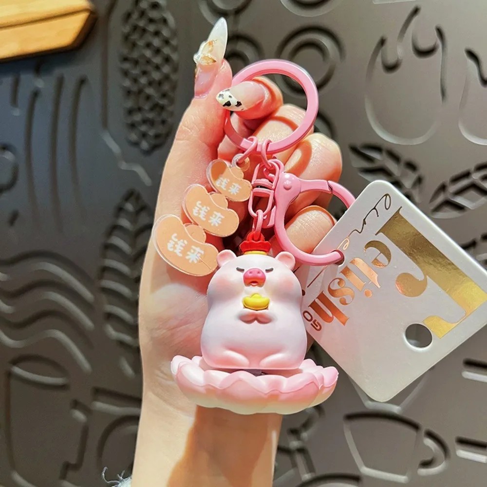 Cute Lovely Resin Pink Pig Keychain PVC Novelty Piggy Key Chain Trinket Anti-Lost Lotus Pig Keyring Bag Charm