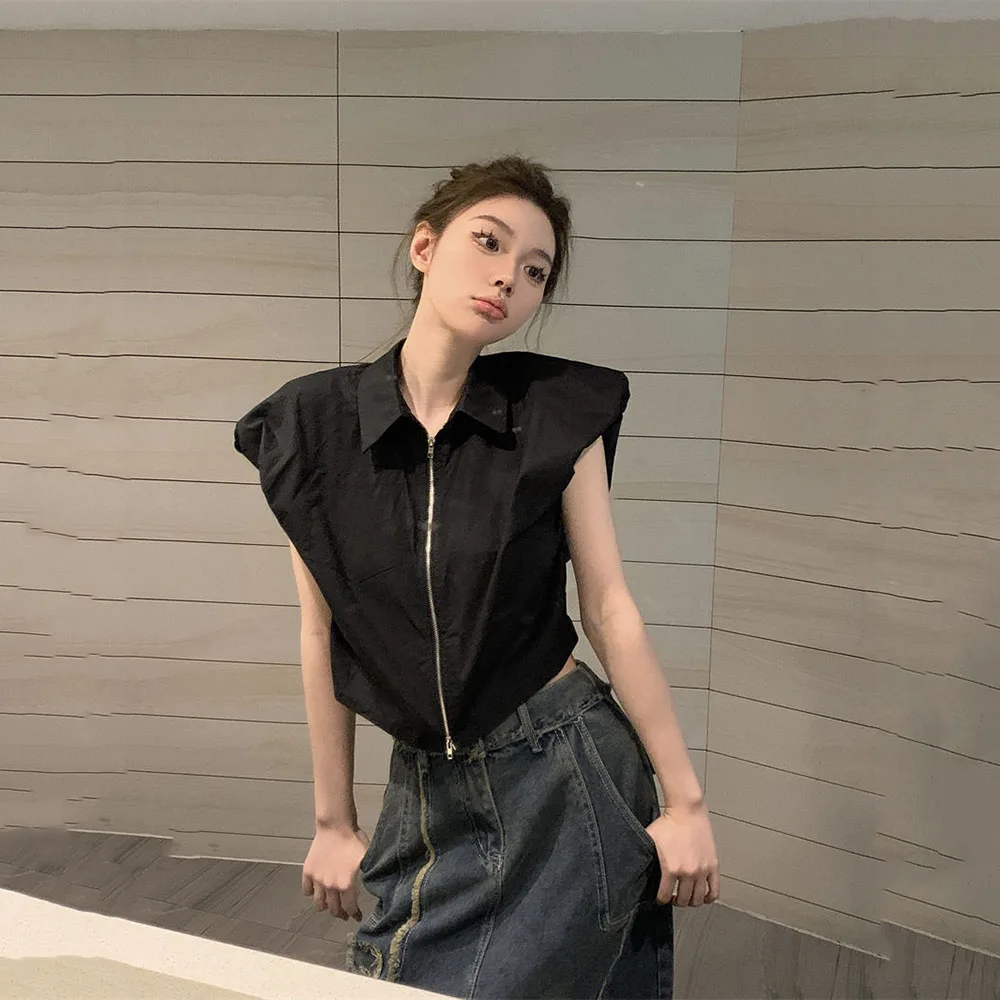 Polo Collar Sleeveless Shirt Solid Color Slim Waistcoats For Women Irregular Shoulder Pad Tops Elegant Female Fashion New Blouse