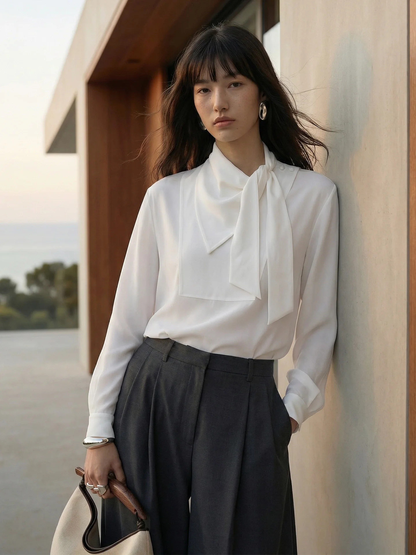 

Spring Commute Long Sve irt Bow Tie Stand Collar Women's Comfortable Breathable Anti-Wrinkle Polyester Fiber irt