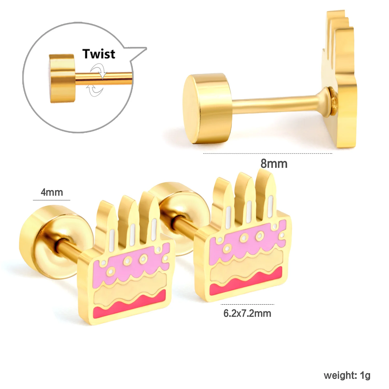 Birthday Candle Cake Shape Ear Studs, Anti-allergy Stainless Steel Screw Back Tiny Piercing Earrings Fashion Jewelry