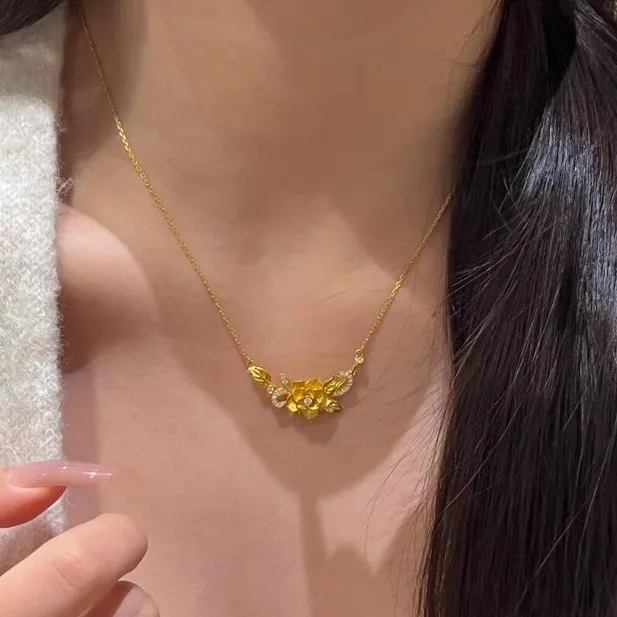 Fashion Rose Flower Zircon Necklace for Women 18 K Gold Color Chain for Women Bride Wedding Engagement Anniversary Jewelry Gifts
