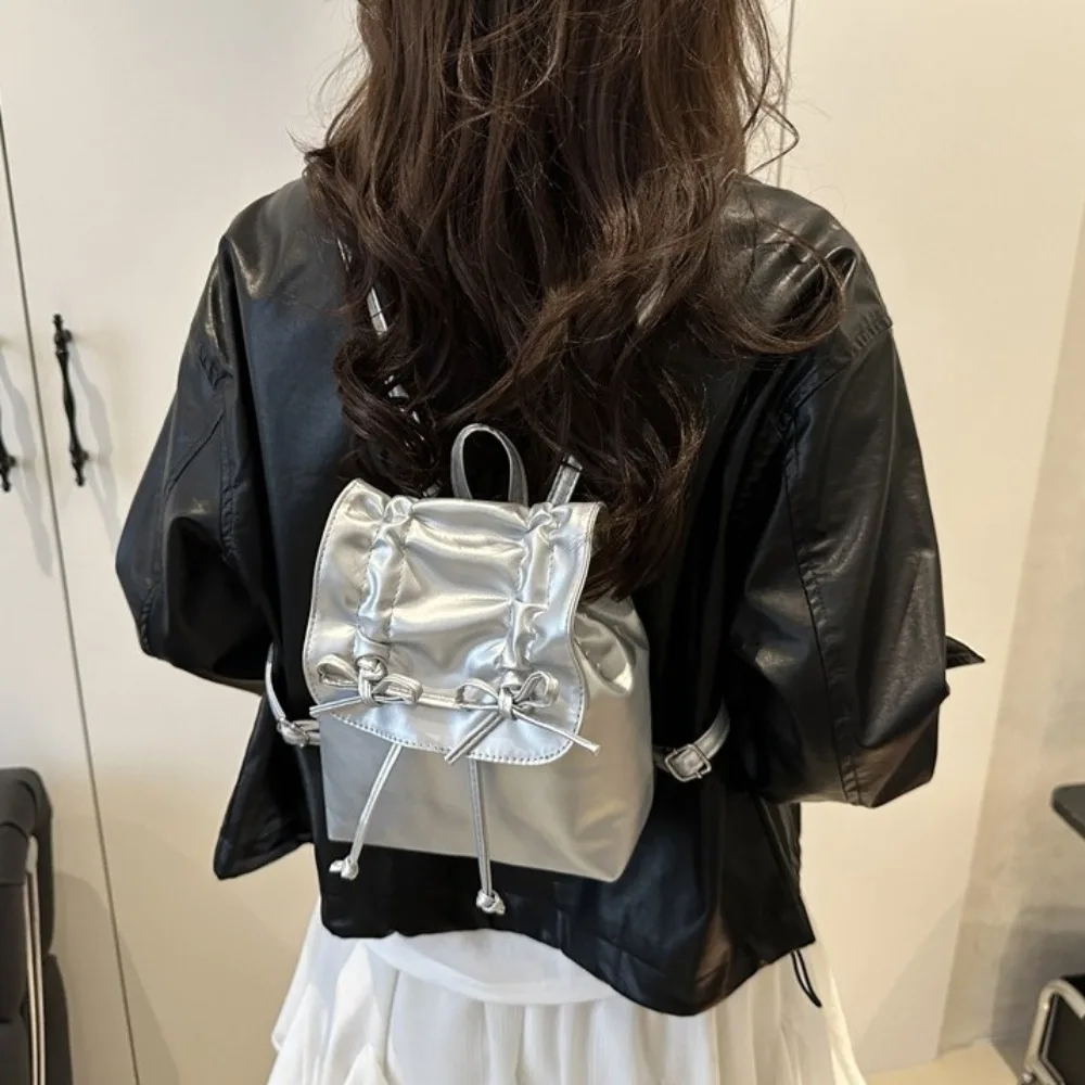 간단한 넥타이 보우 배낭 Y2k 솔리드 컬러 Pu 가죽 배낭 대용량 더블 어깨 가방 학생 학교 가방 학생