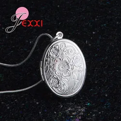 Elegant Retro 925 Sterling Silver Necklace Round Open Locket Pendant Necklaces Photo Women Collar Jewelry