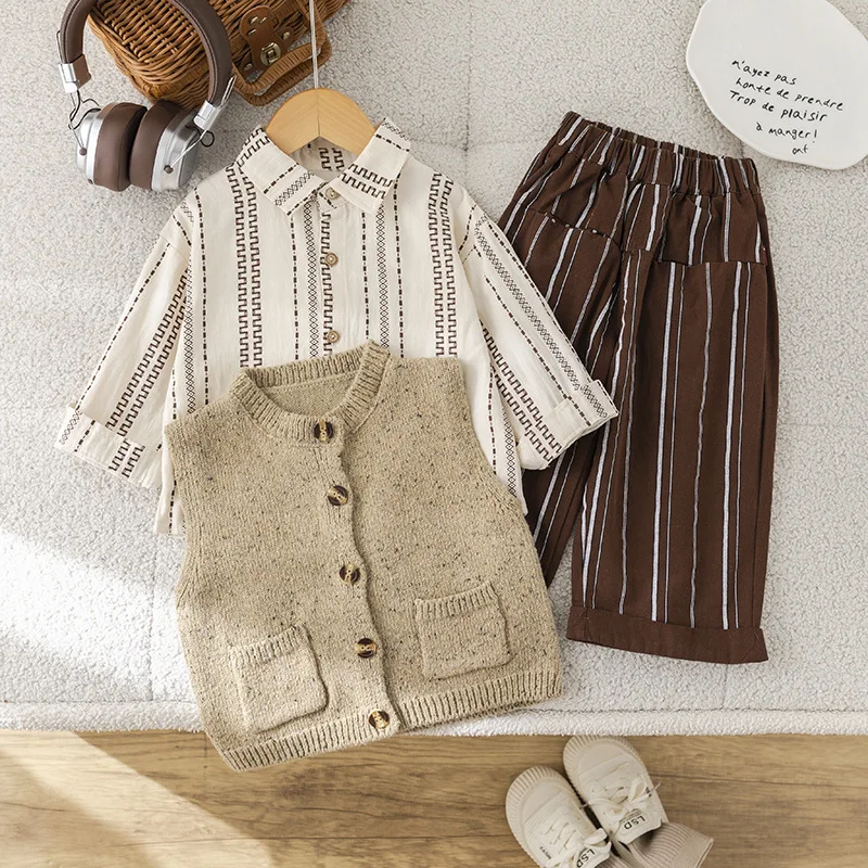 

Girls Clothes Sets Spring Autumn Children Woolen Jersey Sweaters Vest Shirts Pants 3pcs Fashion Suit For Baby Tracksuits Kids 5Y