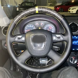Car Steering Wheel Cover Black Leather Cover For Audi 4-Spoke with button A3 8P Sportback A4 B8 A5 8T A6 C6 A8 D3 Q5 8R Q7 4L