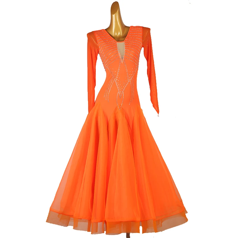 

Waltz Ballroom Dress Long Sleeves Rhinestones Dance Wear Competition Costume Performance Clothing Stage Outfits Ball Gowns