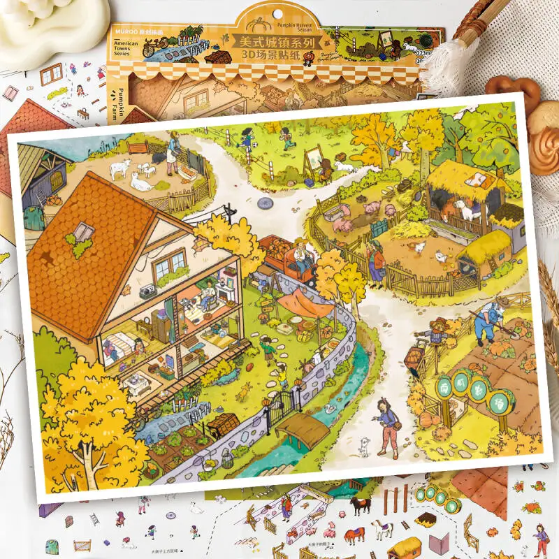 Card Lover 4 Pcs [Carmel Town Series] Waterproof 3D Landscape Stickers Pumpkin Farm Weekend Market Cartoon Style Scrapbooking