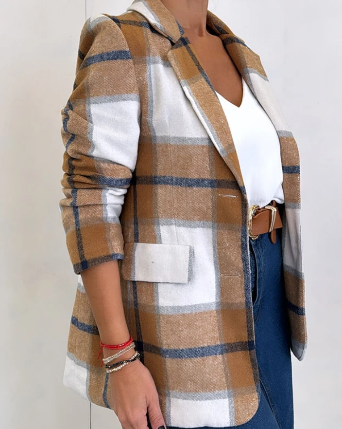 

Elegant New Fashion 2024 Autumn Winter Casual Female Clothing Outfits Plaid Pattern Lapel Neck Flap Detail Blazer Coat