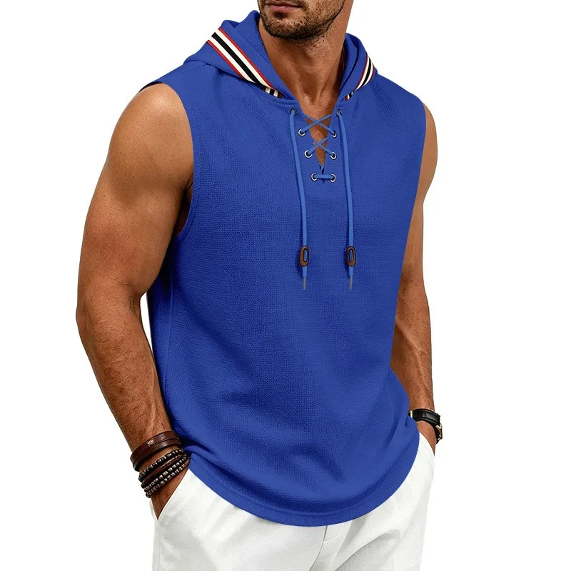 Summer Men Waffle Knit Hooded Vest Lace Up Front Sleeveless Hoodie Solid Color Daily Street Casual Tank Shirts sleeveless hoodie