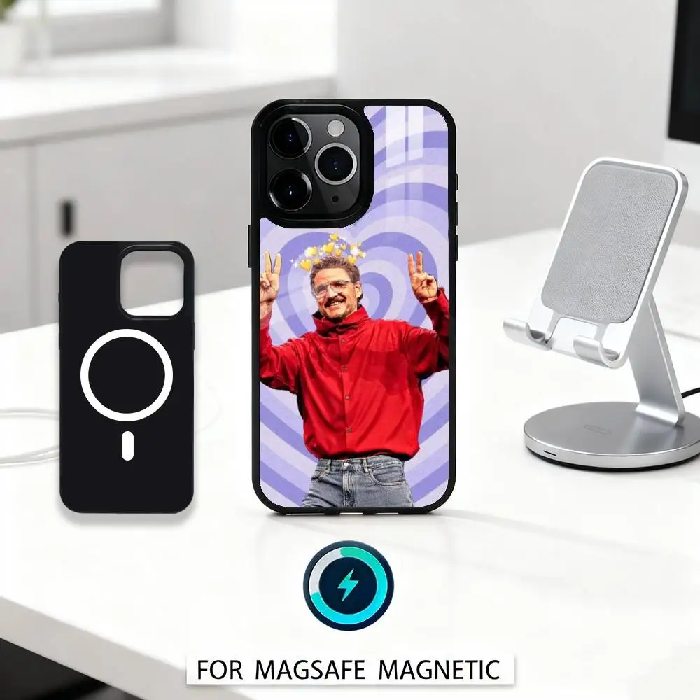 Pedro Pascal con sfondo H-heart Custodia per telefono per iPhone 16,15,14,13,12,Pro,Max, magnetica per ricarica wireless Magsafe