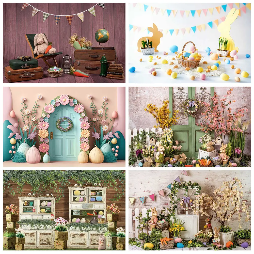 

MOON.QG 2025 Easter Decorations Background Photography Window Drapes Wooden Arch Door Fence Green Vine Rabbit Bunny Egg Backdrop