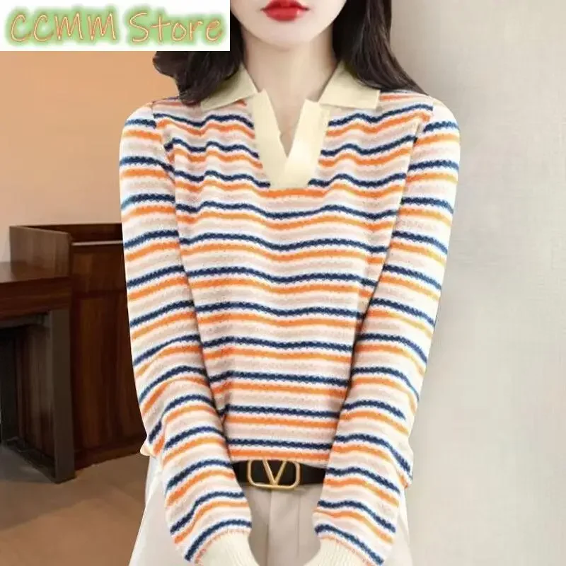 

New Women Clothing Fashion Bottoming Stripe Sweaters Spring Autumn Long Sleeve Casual All-match V-Neck Knitted Pullovers Tops