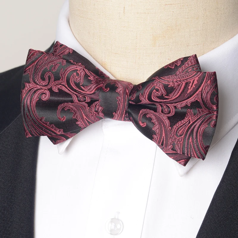 High Quality Deep Red Paisley Bow Tie Men's Fashionable Butterfly Wedding Gift Banquet Shirt Accessories 100% Silk Bow Tie