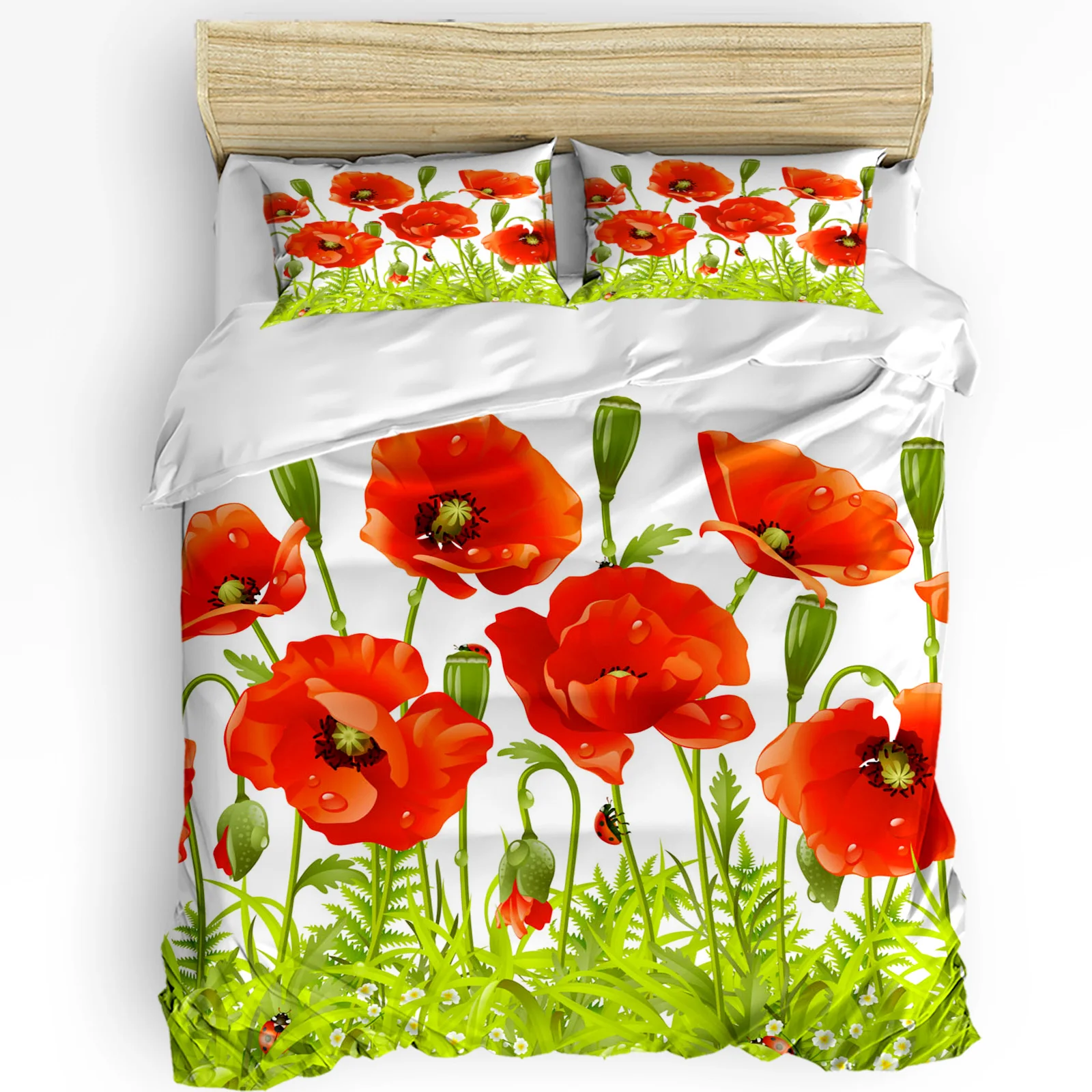 Red Flower Green Leaves Plant White 3pcs Bedding Set For Bedroom Double Bed Home Textile Duvet Cover Quilt Cover Pillowcase