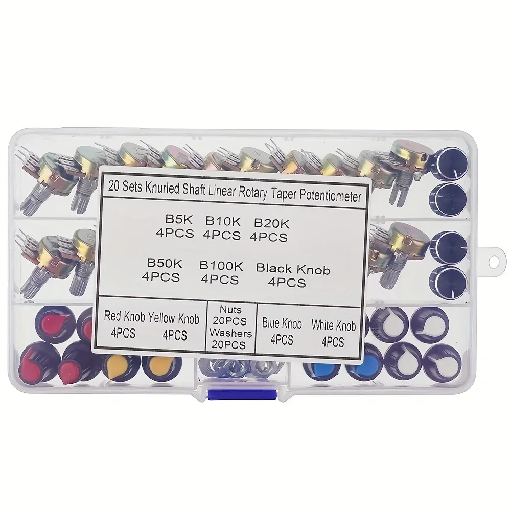 Single Potentiometer B5K 10K 20K 50K 100K Variable Resistor 20Pcs Knob Caps Black White Blue Red Yellow Boxed Assortment Kit