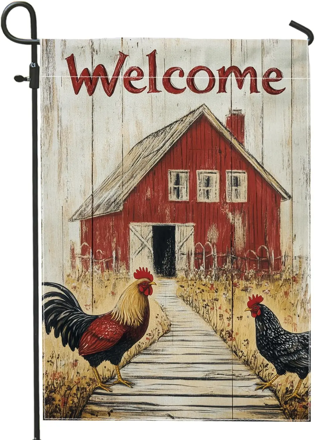 Barnyard Welcome Garden Flag, Red Farmhouse Rooster Chickens Outdoor Decor, Double Sided Burlap Yard Flag Seasonal Lawn Deco PPZ