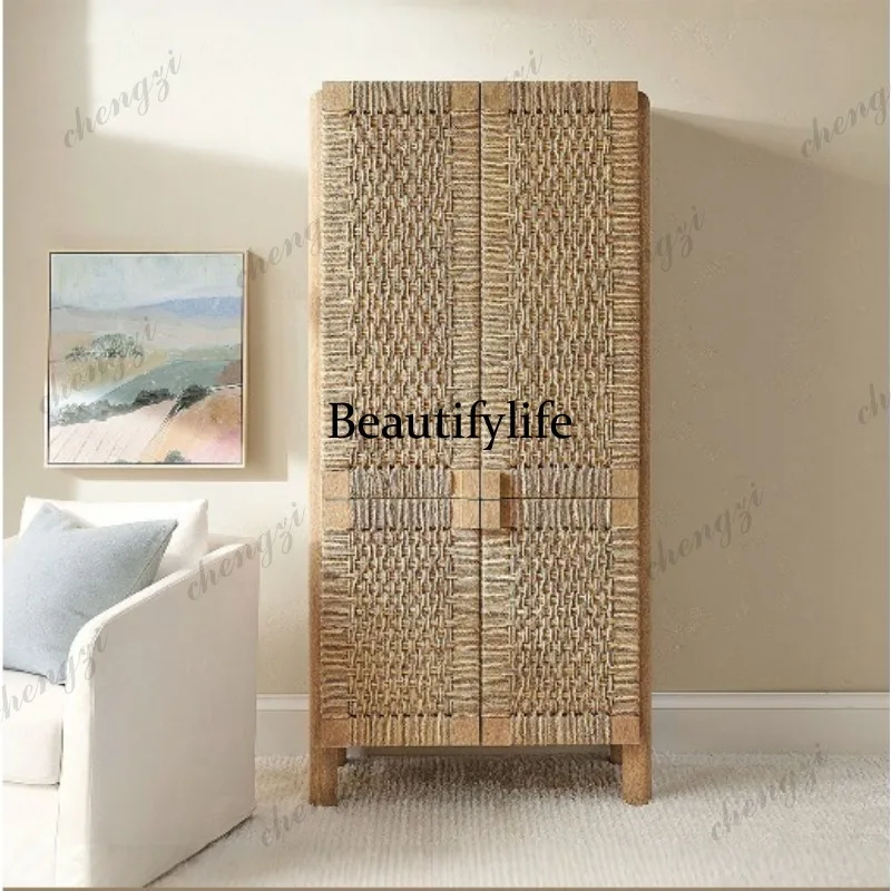 A114 American braided rope solid wood wardrobe bedroom double door wardrobe French retro storage cabinet B & B Japanese locker