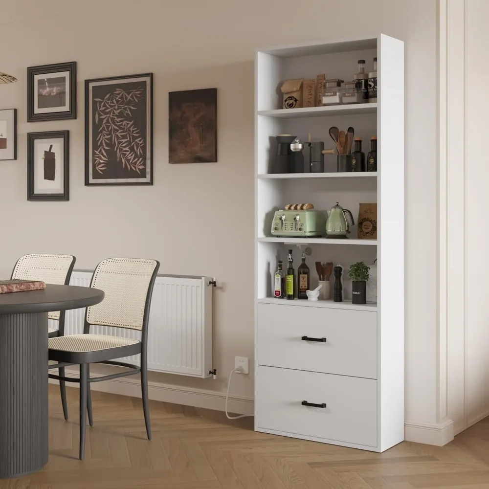 خزانة كتب طويلة مكونة من 4 طبقات مع منافذ شحن USB، ودرجين للتخزين ومنظم رف العرض #2