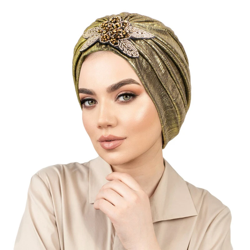 

New Women Gold Silver Diamond Jewelry Turban Hat Chemo Bandana Hijab Pleated Indian Cap Turbante Hat Ladies Hair Accessories Hat