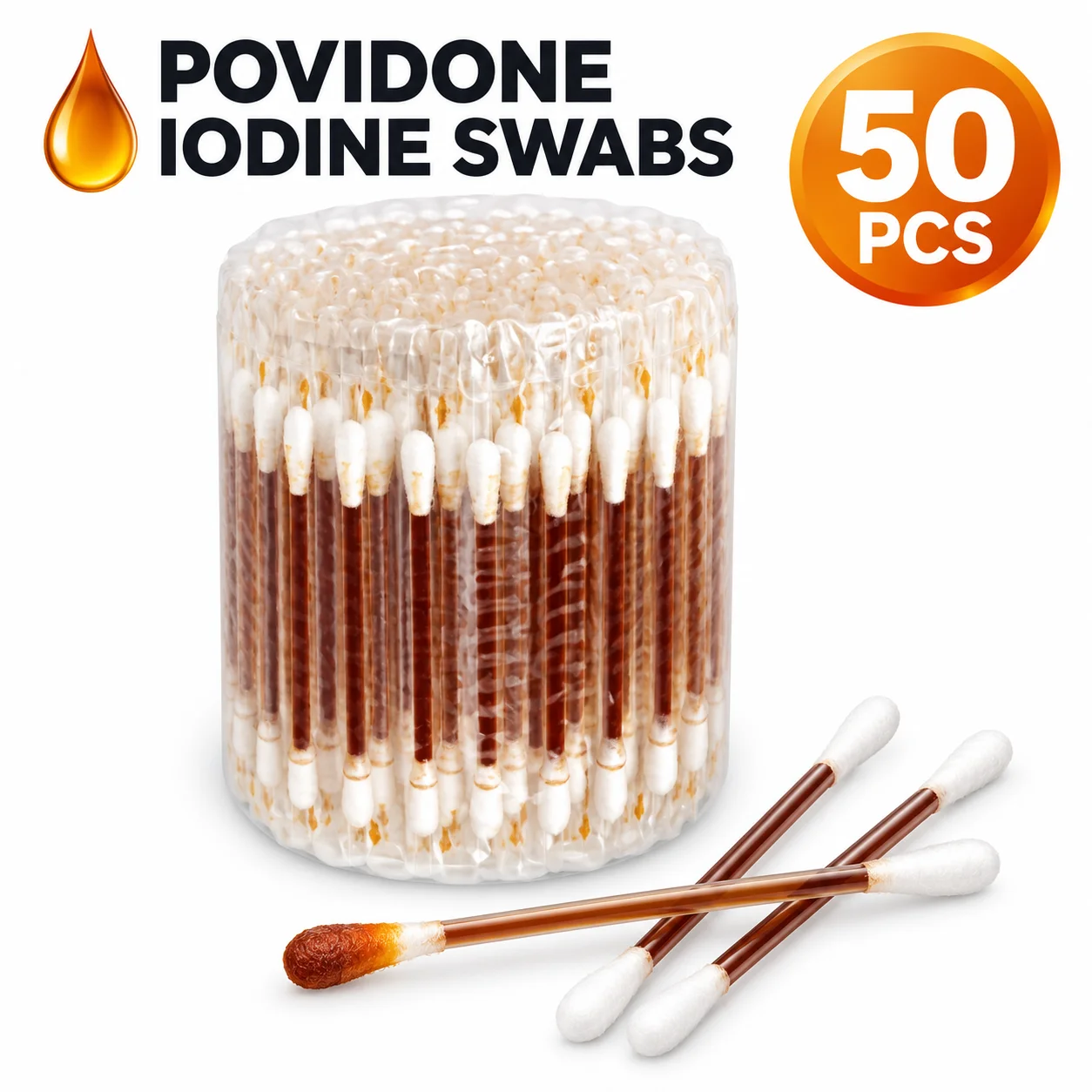 50Pcs Portable Povidone Iodine Swab Sticks Double Ended Cotton Buds Disposable Skin Prep Supplies for Home Travel First Aid Kit