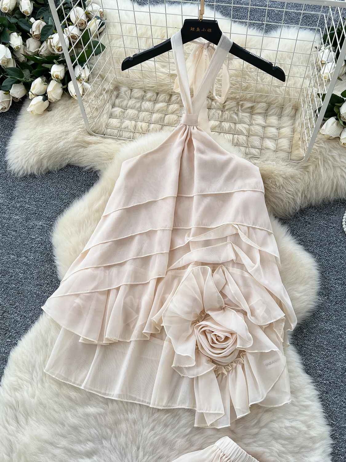 Summer Valion Fairy T-Set 3D Flower Nelace Svel Me Split f Rock Lange Hosen V-ne Faionable Damenanzug