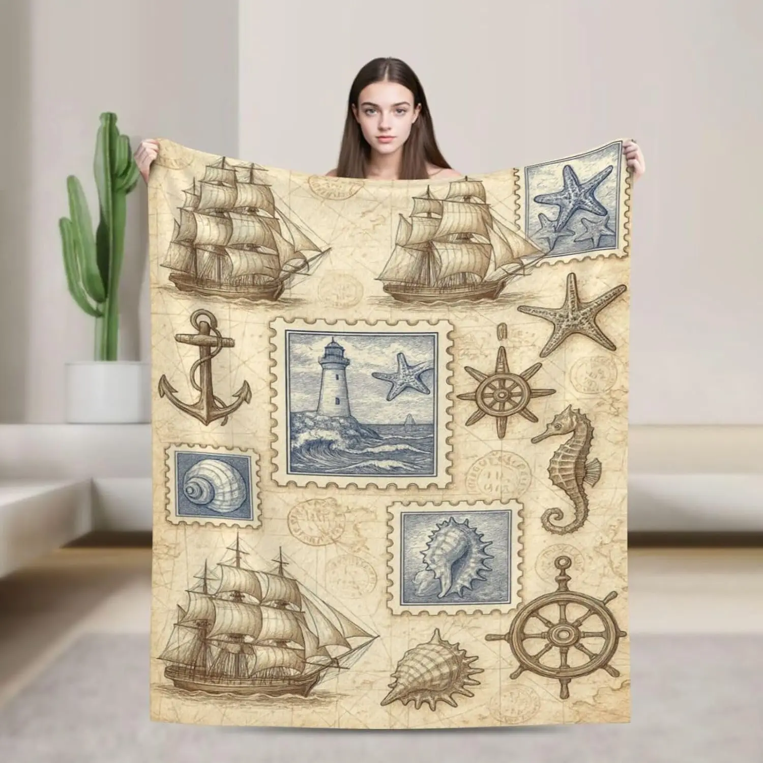 Old Map Marine Pattern Blanket With Ship Wheel Seahorse Starfish Comfortable Fleece Indoor Nautical Household Decor