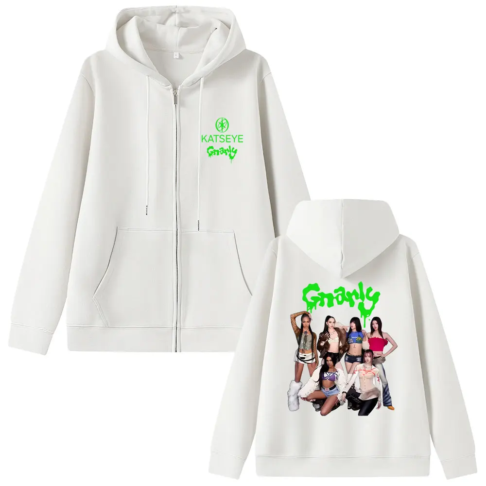 الكورية Kpop Katseye غابرييلا مزدوجة الوجهين طباعة قلنسوة بسحاب الرجال النساء الهيب هوب موضة الشارع الشهير الذكور المتضخم زمم سترة