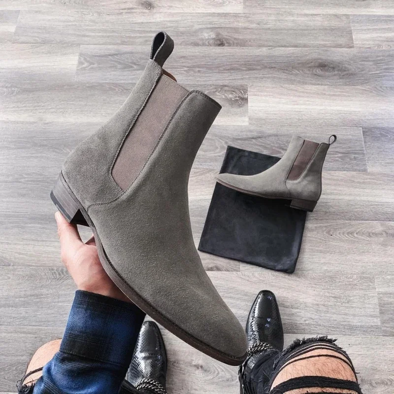 New Gray Chelsea Boots Flock Slip-On Round Toe Business Men Short Boots  Size 38-46 Botas Cuturno Masculinas