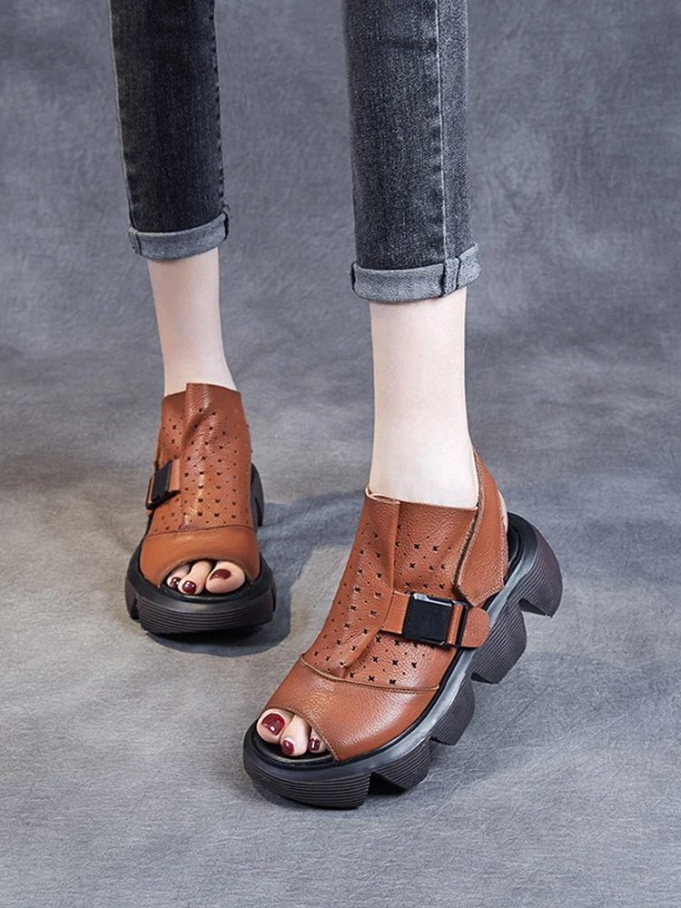 

Birkuir Retro Thick Heel Hollow Out Sandals Buckle 5.5cm Heels Wedges Open Toe Platform Sandals Boots Genuine Leather Shoes