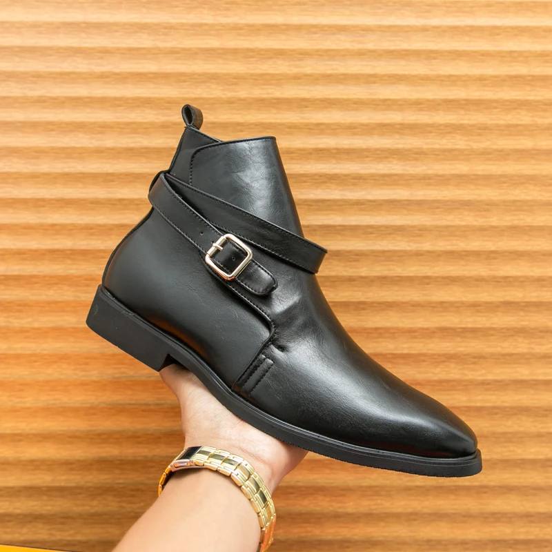 

Men Chelsea Boots Single Buckle Round Head Ankle Low Heel Comfortable Breathable Business Short Boots