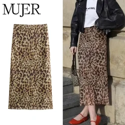 MUJER Leopard Print Midi Skirt Woman Tulle High Waist Long Skirts For Women 2025 Summer Vintage Mesh Skirt Elegant Women's Skits