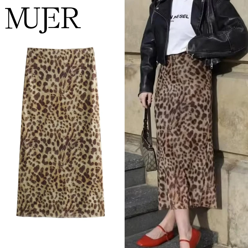 MUJER Leopard Print Midi Skirt Woman Tulle High Waist Long Skirts For Women 2025 Summer Vintage Mesh Skirt Eleganckie spódnice damskie