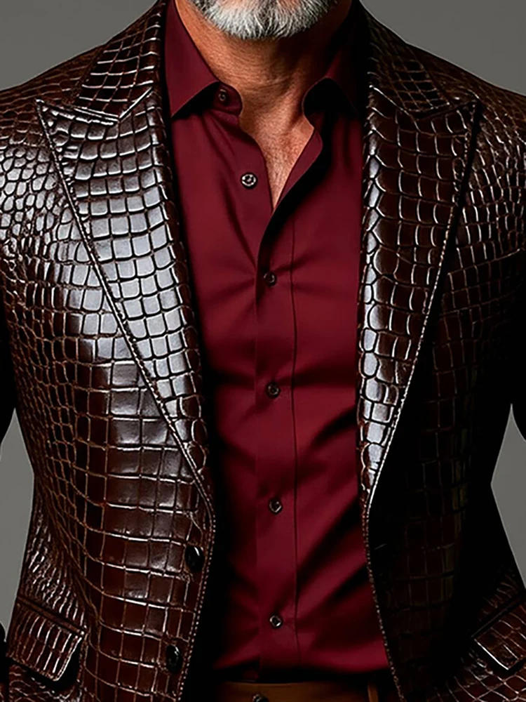 Men Crocodile-pattern Leather Business Blazer Vintage Elegant Peak Lapel Single-breasted Wedding Guest Formal Male Blazer Jacket